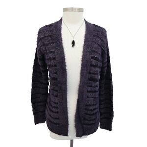 Trucloth Womens XS Metallic Purple Striped Eyelash Open Front Cardigan Boho